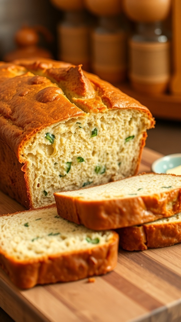A loaf of golden brown yeast zucchini bread sliced on a wooden board, showcasing its moist texture and zucchini flecks.